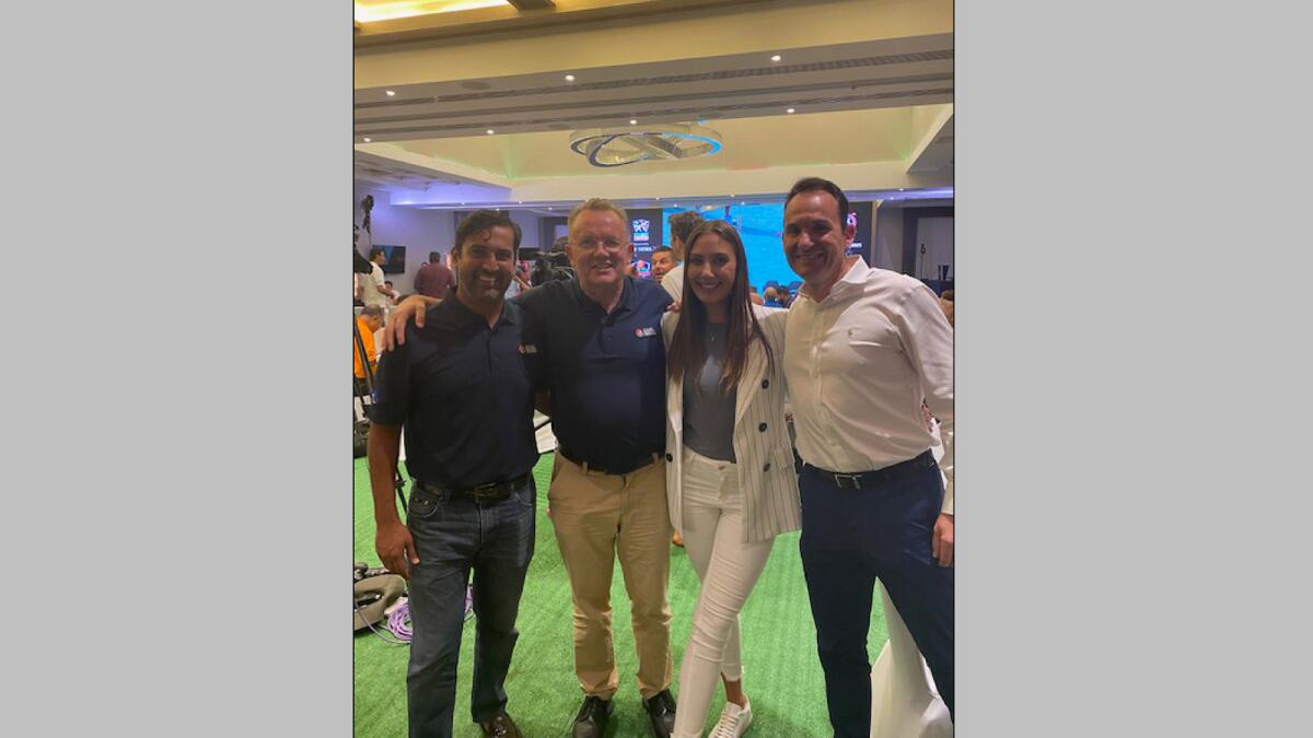 (From left) Shiv Kapur, EAGL Ambassador; Nick Tarratt, Tournament Director of the EAGL Mini-Series; Nikki Rayment and Ignacio Garrido, former Ryder Cup player, at the EAGL Mini-Series Gala Dinner in Dubai. (Supplied photo)