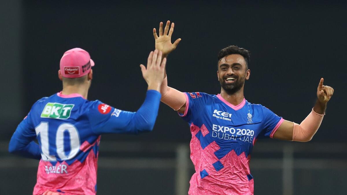 Jaydev Unadkat of the Rajasthan Royals celebrates the wicket of Shikhar Dhawan of Delhi Capitals during their IPL match. (BCCI)