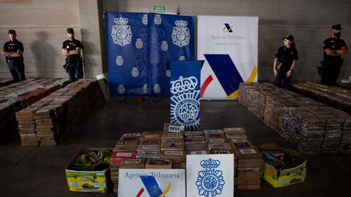 Packages of cocaine are seen during a police press conference at the port of Algeciras. — AFP