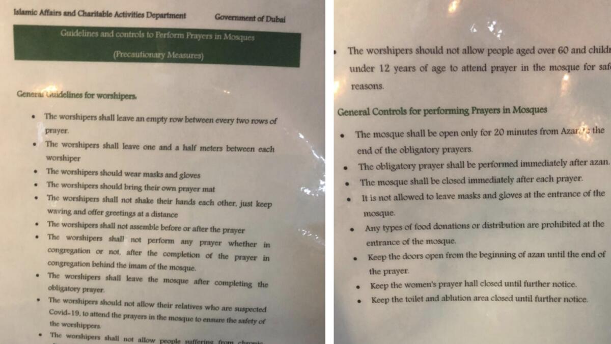 Although no date for opening the mosques to public has been announced yet by the Islamic Affairs and Charitable Activities Department, some mosques have placed posters of detailed guidelines that worshippers must adhere to when the mosques do reopen. (Photo: KT reader)