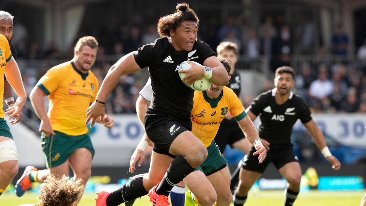 New Zealand's Caleb Clarke makes a run during the second Bledisloe Rugby test between the All Blacks and the Wallabies. — AP