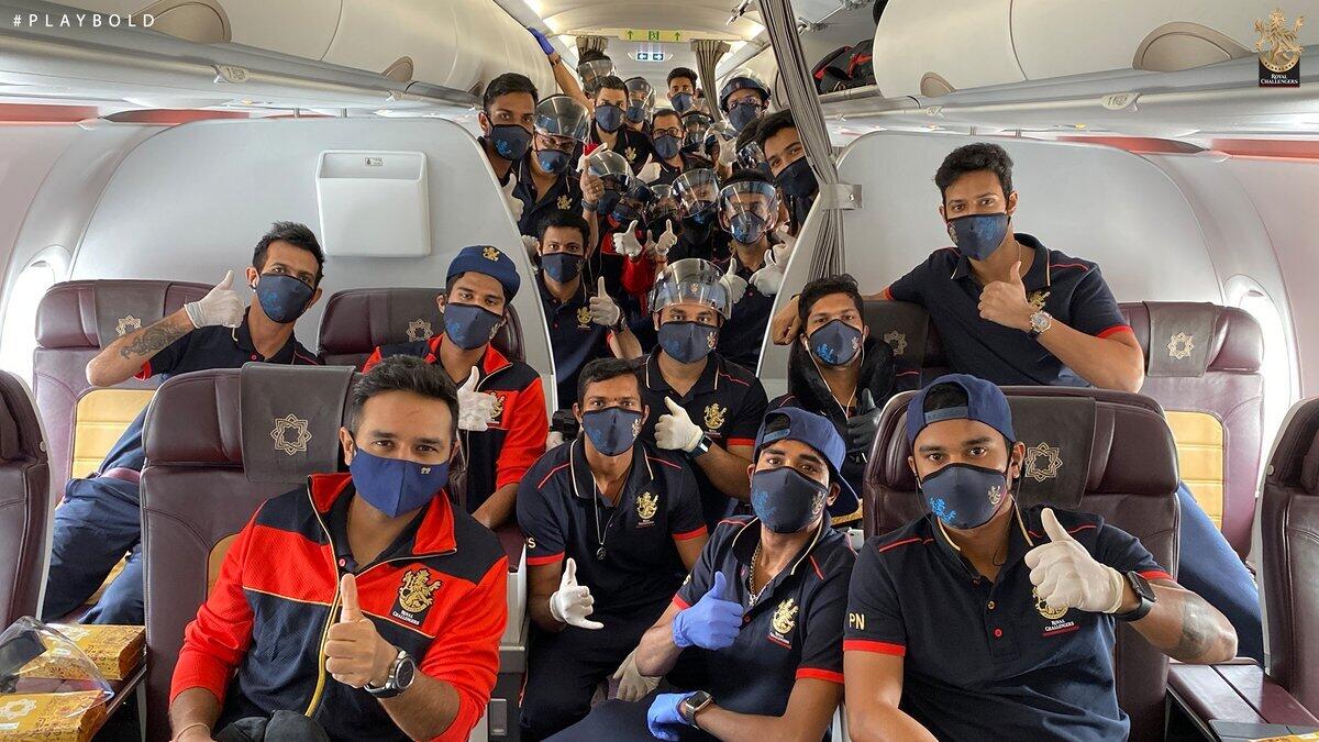 Royal Challengers shared image of their players as they boarded the flight  to UAE on Friday.