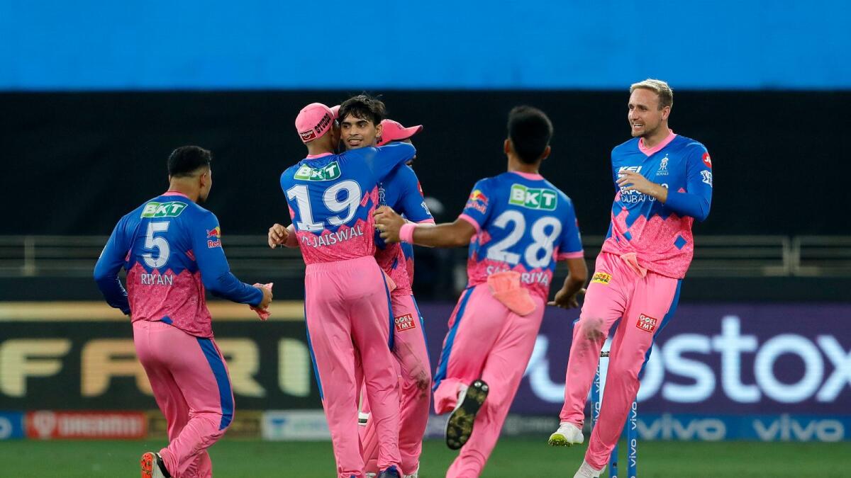 Kartik Tyagi of Rajasthan Royals celebrates a wicket with teammates. (BCCI)