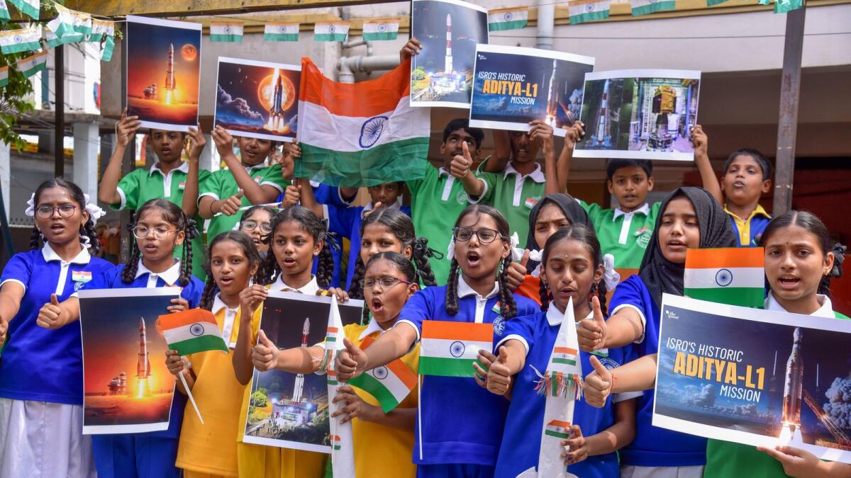 School children cheer during the launch of India's first solar mission 'Aditya-L1'. — PTI