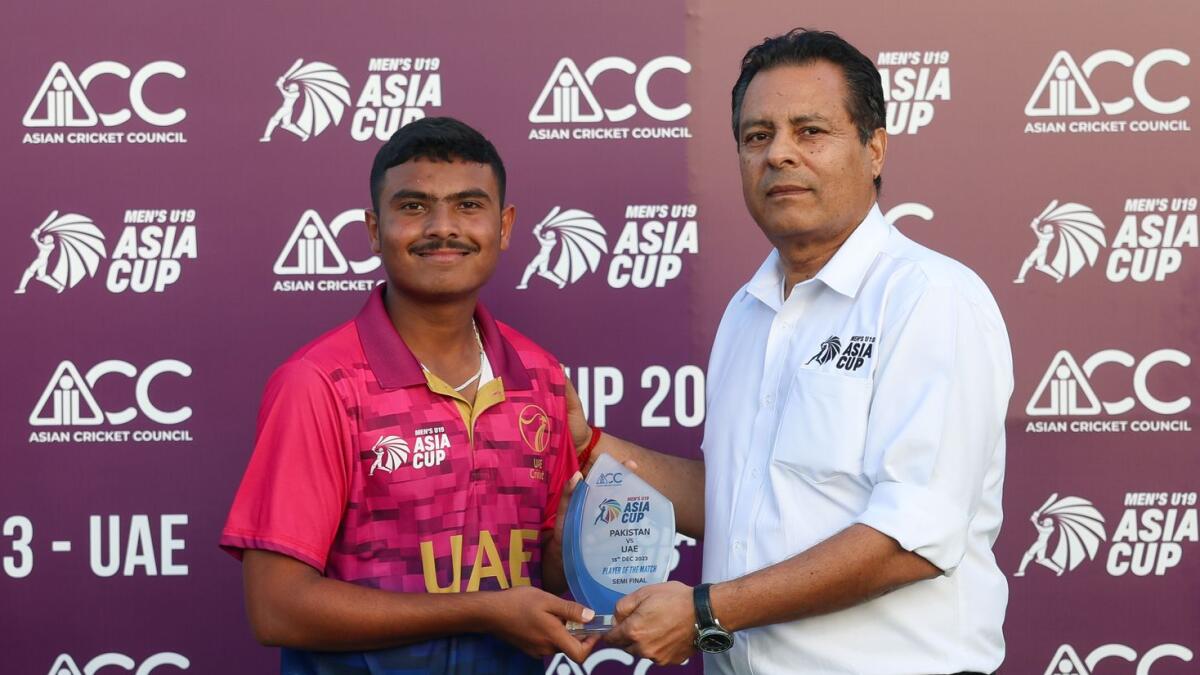 UAE captain Aayan Afzal Khan receiving the player of the match award after the ACC Men's U19 Asia Cup 2023 semifinal. - Photo by Asian Cricket Council