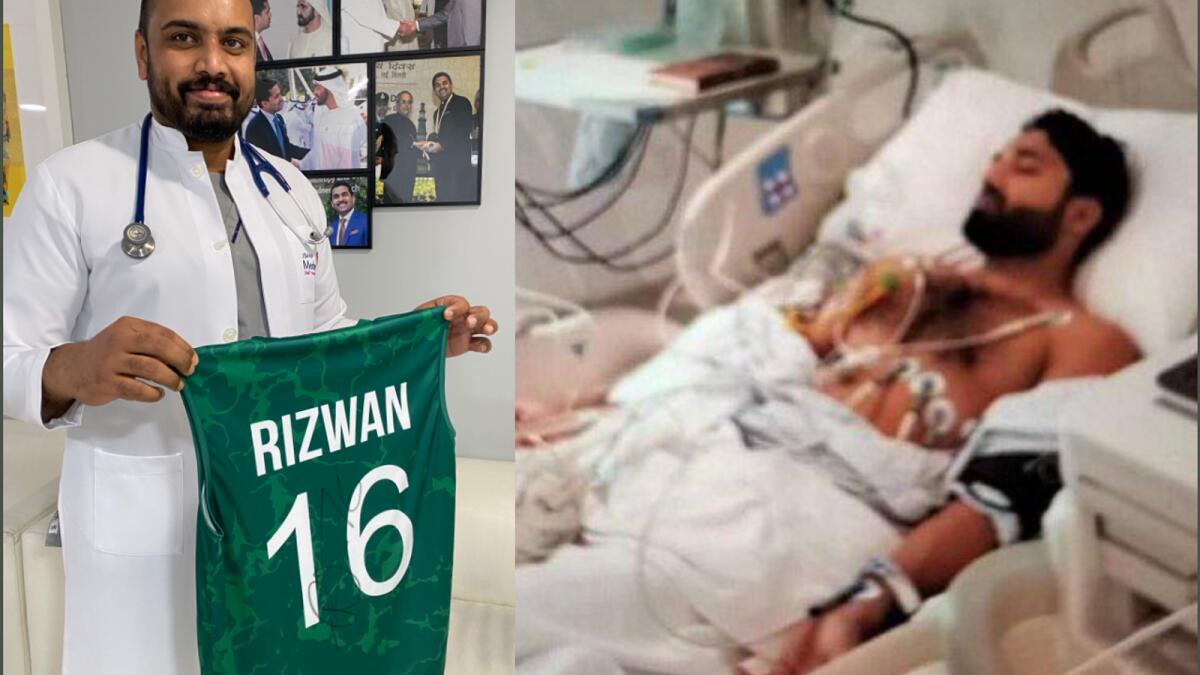Pakistan’s Mohammad Rizwan (right) in the hospital. (Left) Dr Saheer Sainalabdeen, who treated Rizwan, holds the signed jersey. — Supplied photo