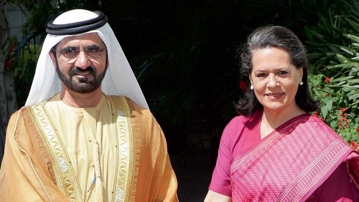 2007- His Highness Shaikh Mohammed bin Rashid Al Maktoum, Vice-President and Prime Ministervof the UAE and Ruler of Dubai, with Indian Congress party President Sonia Gandhi before a meeting in New Delhi.- AP