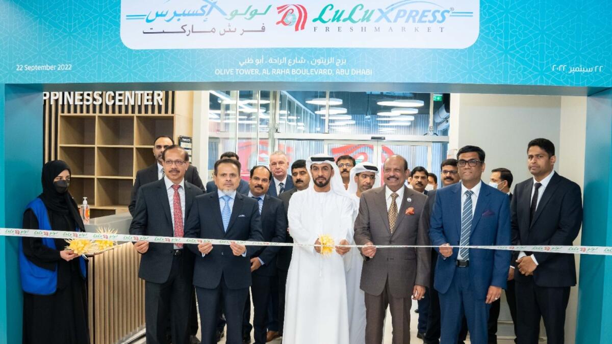 Dr Ali bin Harmal Al Dhaheri, First Vice-Chairman of Abu Dhabi Chamber inaugurating Lulu Express Fresh Market at Olive Tower in Al Raha Boulevard in the presence of Yusuff Ali MA, Chairman of Lulu Group and other officials.
