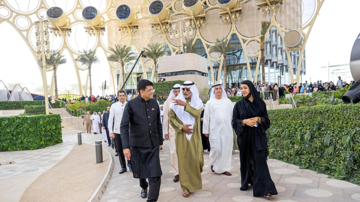 Sheikh Nahayan Mabarak Al Nahayan with Piyush Goyal, India's Minister of Commerce, Industry, Consumer Affairs, Food, Public Distribution and Textiles and other dignitaries at the India National Day Ceremony at Al Wasl Plaza, Expo 2020 Dubai. – Supplied photo