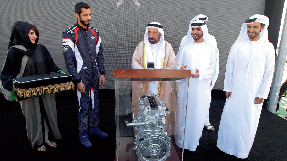 Dr. Shaikh Sultan inaugurates Souq Al Haraj as Haytham Sultan, UAE racing driver (left), ShaikhMohammed bin Saud Al Qasimi, Chairman, Sharjah Asset Management (right) and Abdalla Al Hadidi(extreme right) look on. — Photos by M. Sajjad