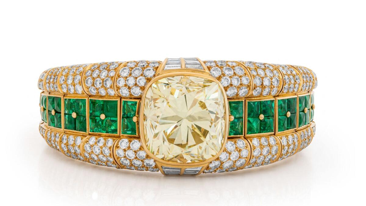 A Bulgari-coloured diamond and emerald bracelet, part of estate of Heidi Horten that will be offered during one of the largest jewellery sales in history on May 2023 in Geneva.  — AFP