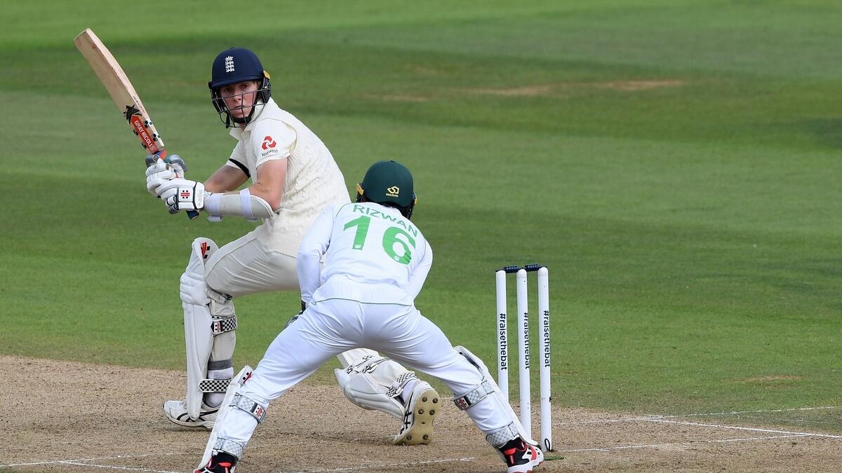 England's Zak Crawley plays a shot on the first day of the third Test against Pakistan