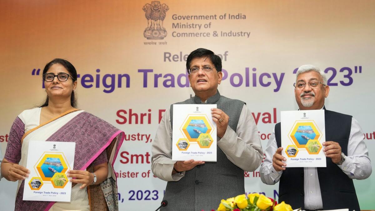 Commerce and Industry Minister Piyush Goyal with Minister of State Anupriya Patel and Commerce Secretary Sunil Barthwal release 'Foreign Trade Policy 2023', in New Delhi on Friday. - PTI