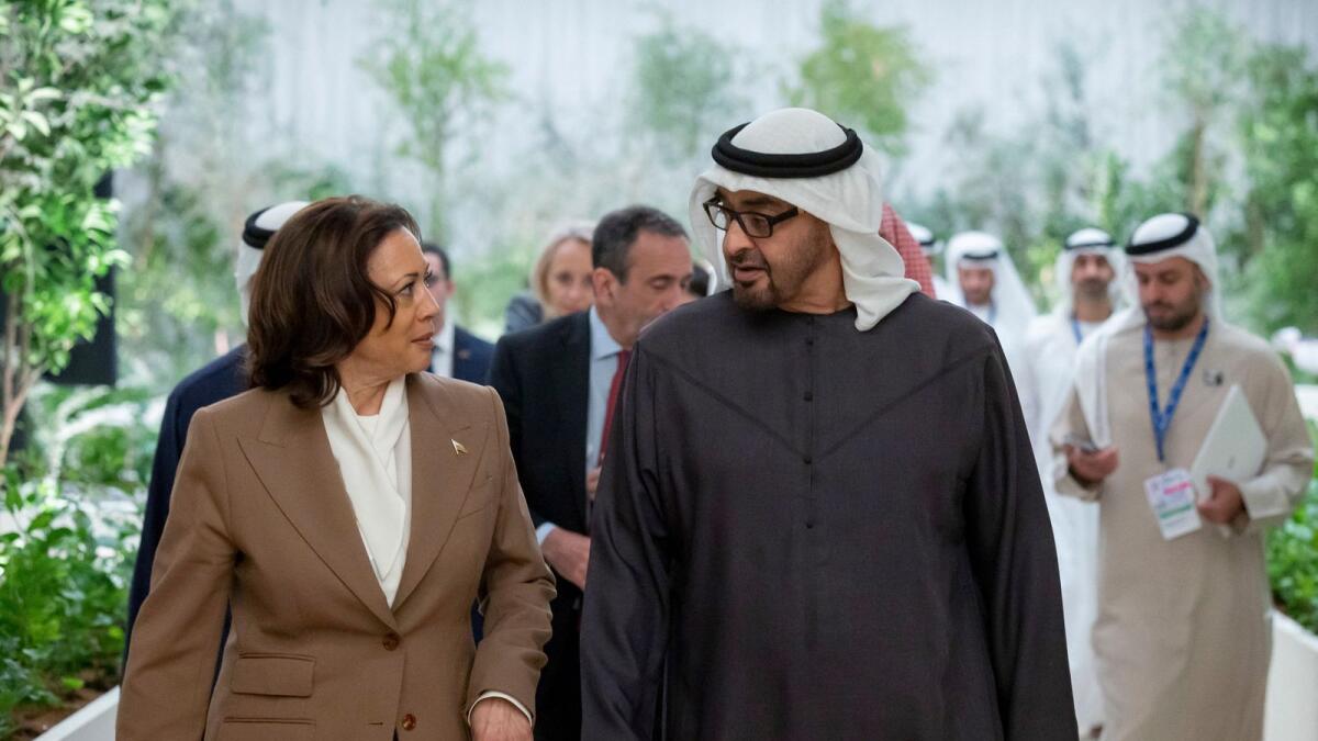 Sheikh Mohamed departs from a meeting with Kamala Harris. - Reuters