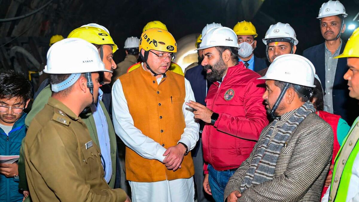 Uttarakhand Chief Minister Pushkar Singh Dhami reviews the operation to rescue the 41 workers trapped inside the under-construction tunnel between Silkyara and Dandalgaon on the Brahmakhal-Yamunotri national highway, in Uttarkashi district on Thursday. — PTI