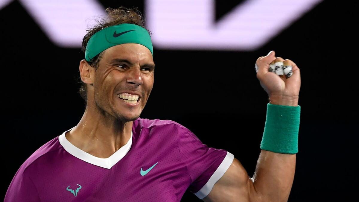 Rafael Nadal of Spain celebrates after defeating Matteo Berrettini of Italy. (AP)