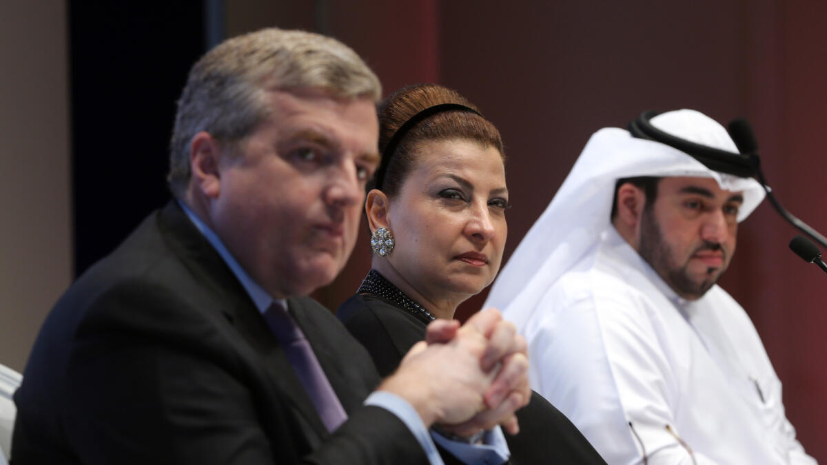 Hoda Al Khamis-Kanoo(middle) Founder of Abu Dhabi Music and Arts Foundation and France Ambassador to UAE H.E Michel Miraillet(left), Nasser Abdullah  in yesterday's Press Coference held at Emirates Palace Hotel in Abu Dhabi, December 15, 2015. Photo By Ryan Lim
