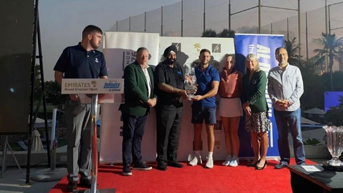 Winners of the Emirates Golf Club Mixed Open with EGC Captain Frank Duggan, Lady Captain Fiona Berry, Chairman of Al Dobowi, Surendur Singh Kandari and CEO – Rohit Raina.- Supplied photo