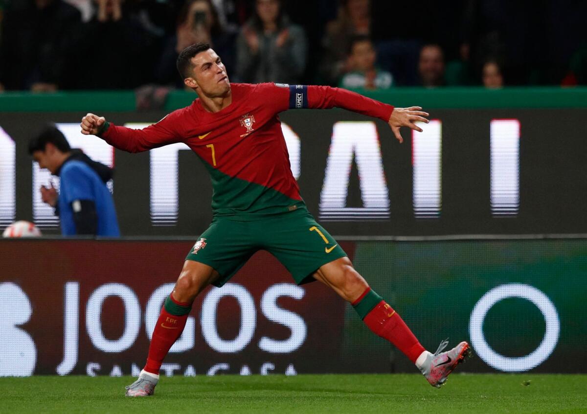 Portugal's Cristiano Ronaldo celebrates after scoring a goal on Thursday night. — Reuters