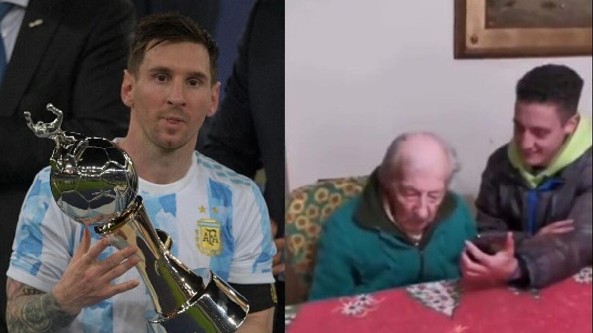 Lionel Messi (left), Don Hernan with his grandson Julian Mastrangelo. (AFP and Twitter)