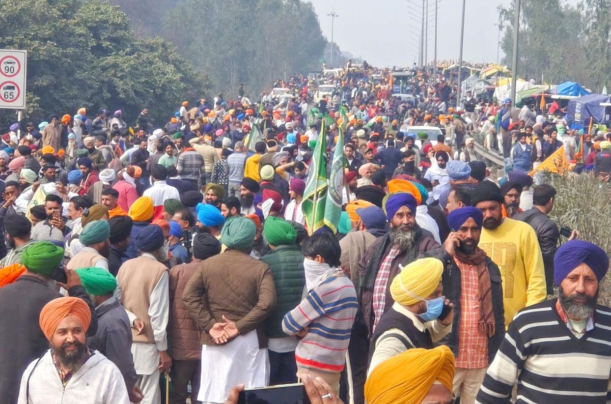Farmers marching to New Delhi gather near the Punjab-Haryana border at Shambhu, India, on Tuesday. — AP