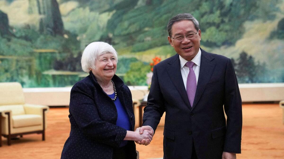 US Treasury Secretary Janet Yellen meets Chinese Premier Li Qiang at the Great Hall of the People in Beijing on Sunday. — Reuters