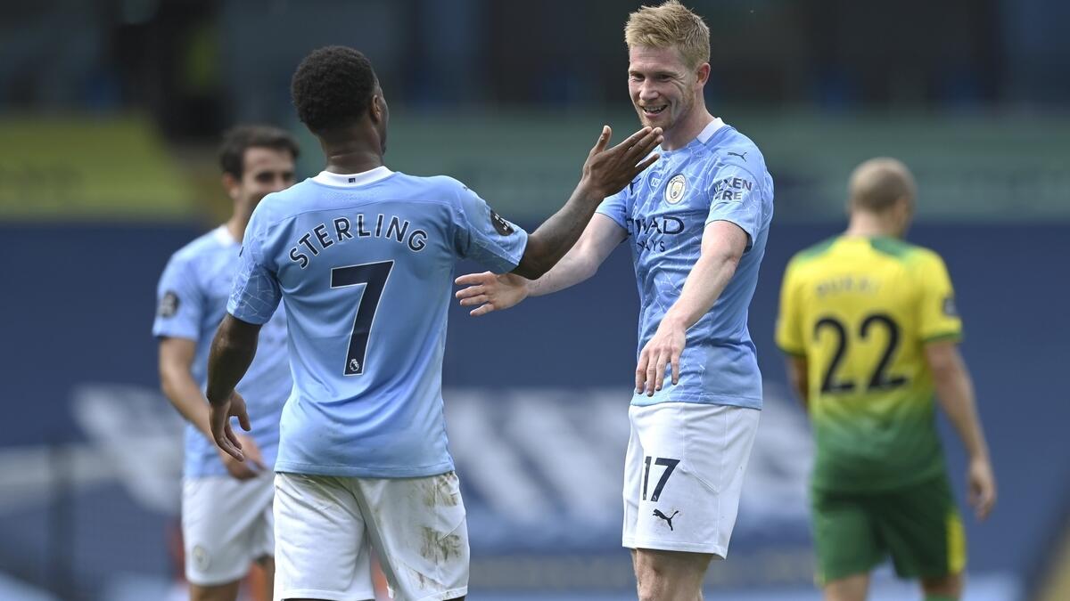 Kevin De Bruyne scored twice in Silva's final Premier League game as City thrashed Norwich 5-0 on Sunday