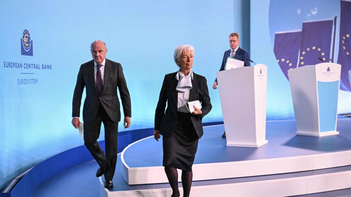 ECB Christine Lagarde leaves after addressing a press conference following the meeting of the governing council in Frankfurt am Main on Thursday. — AFP