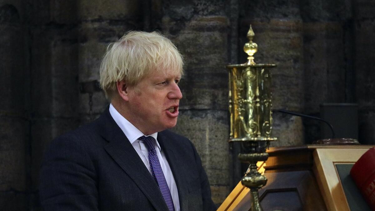 Britain's Prime Minister Boris Johnson delivers a speech a service to mark the 80th anniversary of the Battle of Britain at Westminster Abbey, London, on Sunday.