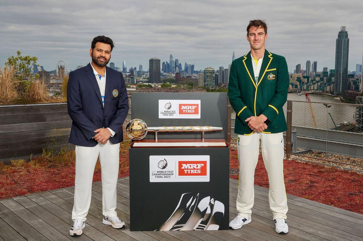 Indian captain Rohit Sharma and Australian skipper Pat Cummins during the Captains’ Photo event ahead of World Test Championship final. — PTI