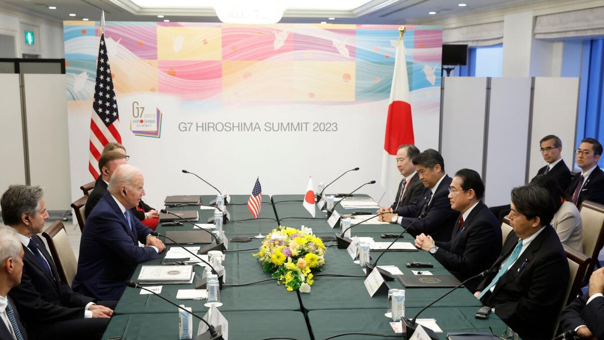 US President Joe Biden sits with Secretary of State Antony Blinken during a bilateral meeting with Japan's Prime Minister Fumio Kishida in Hiroshima ahead of the start of the G-7 Summit. — AP