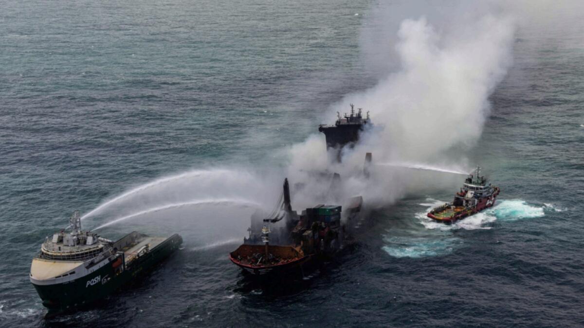 Smoke rises from a fire onboard the MV X-Press Pearl vessel in the seas off the Colombo Harbour. — Reuters