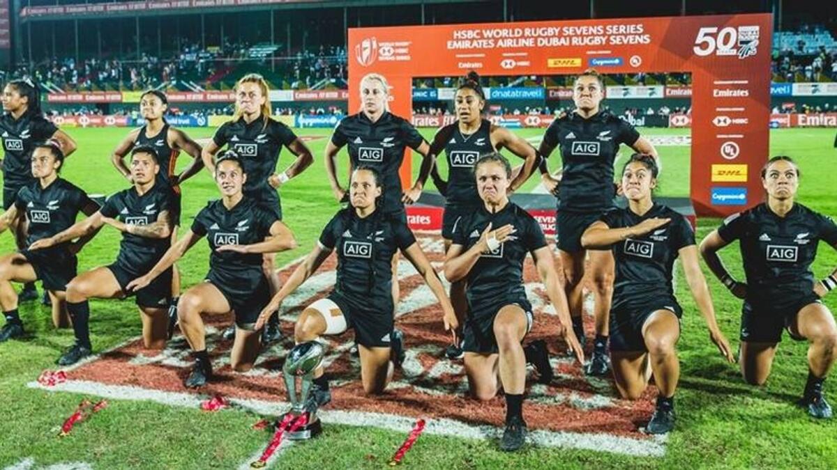 The New Zealand women's team perform the Haka after winning the Emirates Airline Dubai Rugby Sevens in 2019. — KT file