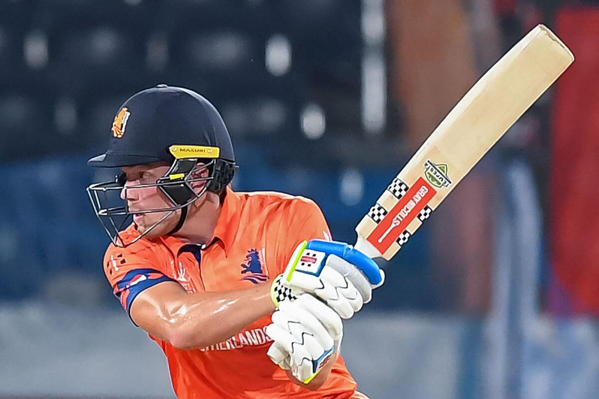 Netherlands' Bas de Leede plays a shot during the 2023 ICC Men's Cricket World Cup. - AFP