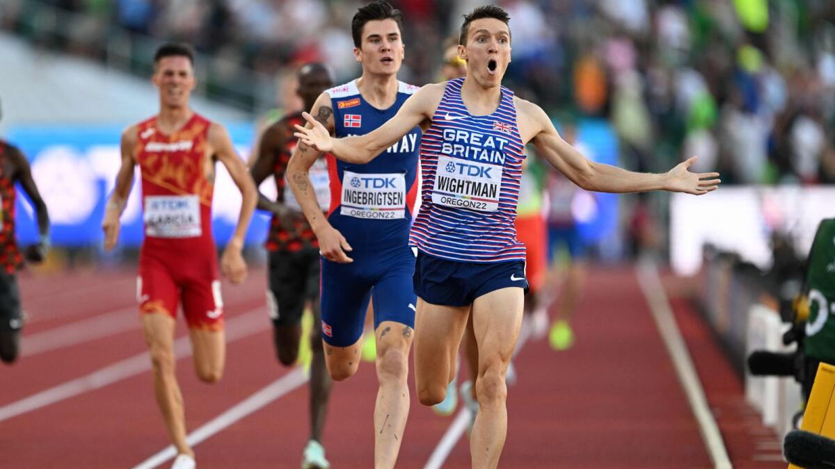 Britain's Jake Wightman reacts after winning the men's 1500m final at the World Athletics Championships. (AFP)