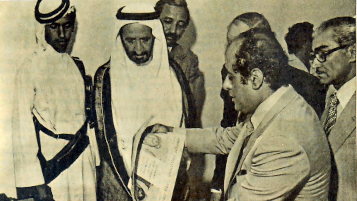 On April 16, 1978, Abdul Rahim Galadari presented the first copy of Khaleej Times to late Shaikh Rashid bin Saeed Al Maktoum, who was the then UAE's Vice-President and Ruler of Dubai.