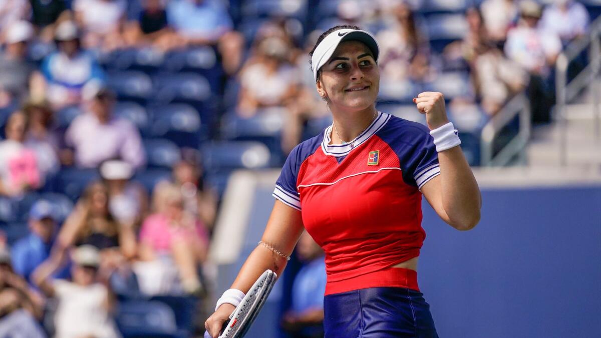 Bianca Andreescu reacts after defeating Greet Minnen during the third round of the US Open. — AP