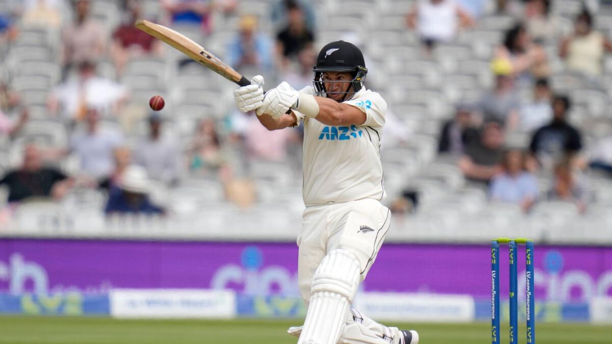 New Zealand's Ross Taylor plays a shot off the bowling of England's Mark Wood during the fifth day of the first Test against England.— AP