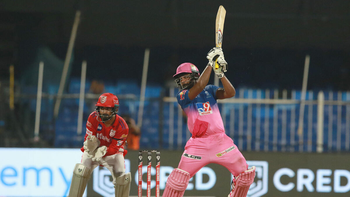 Sanju Samson of Rajasthan Royals plays a shot during the match against Kings XI. - IPL