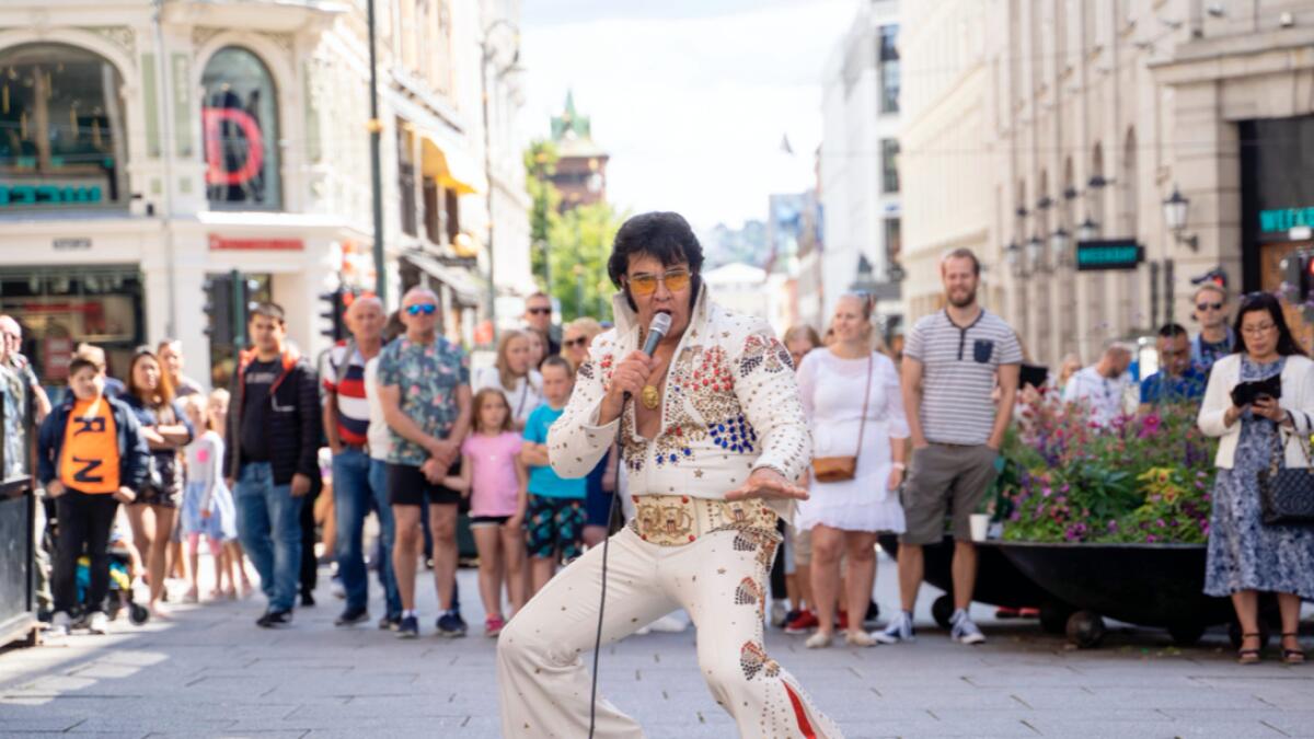 Norwegian artist Kjell Elvis (Kjell Henning Bjørnstad) performs in central Oslo in an attempt to beat the record of the world´s longest Elvis Presley singing marathon on July 23, 2020 in Oslo. His plan is to perform continuously for 50 hours, ending Saturday morning, 25 July. Photo: AFP&lt;p&gt;&lt;/p&gt;(Research: Mohammad Thanweeruddin/Khaleej Times)