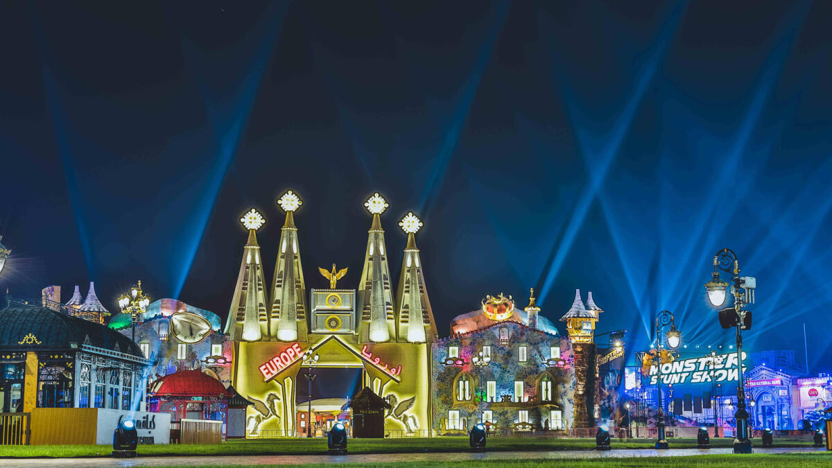 Different pavilions lit up during the media preview ahead of the official opening of Global Village in Dubai.-Photo by Neeraj Murali
