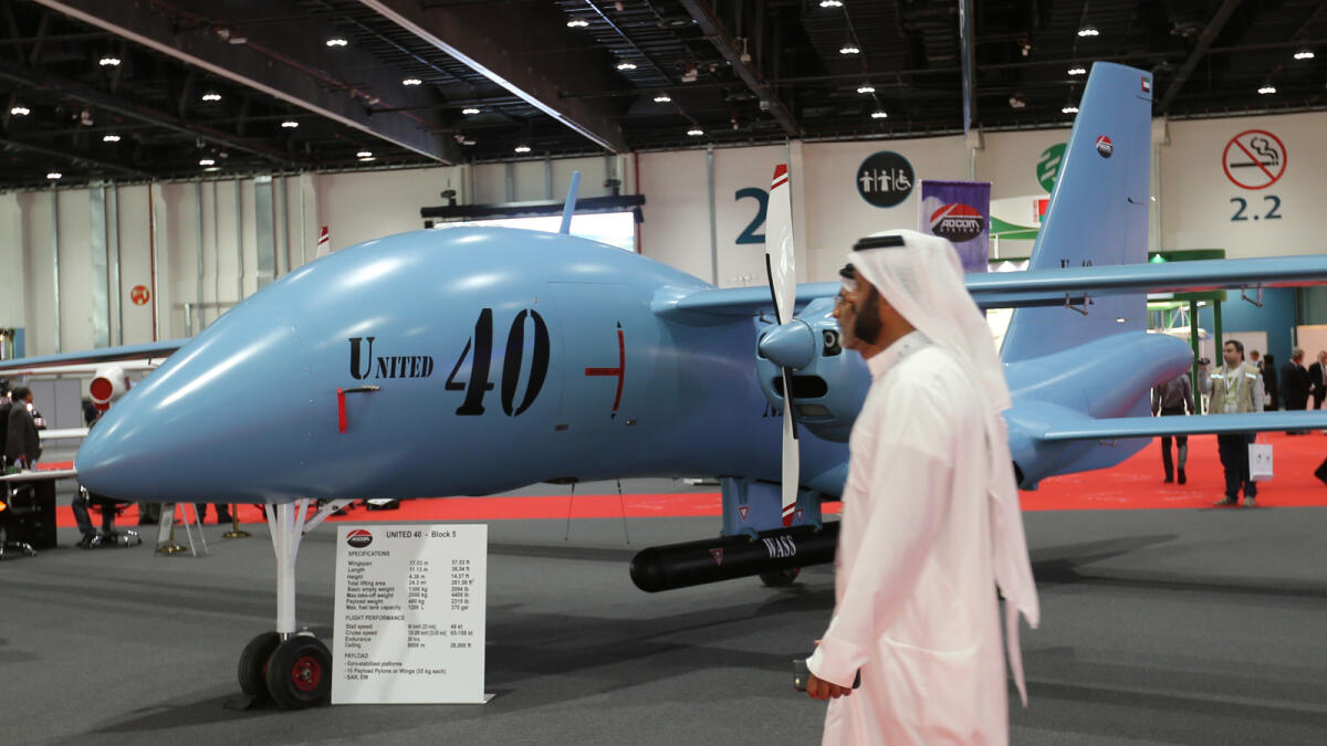 UAE made drones displayed at the Unmanned System Exhibition and Conference held in Abu Dhabi on Sunday.