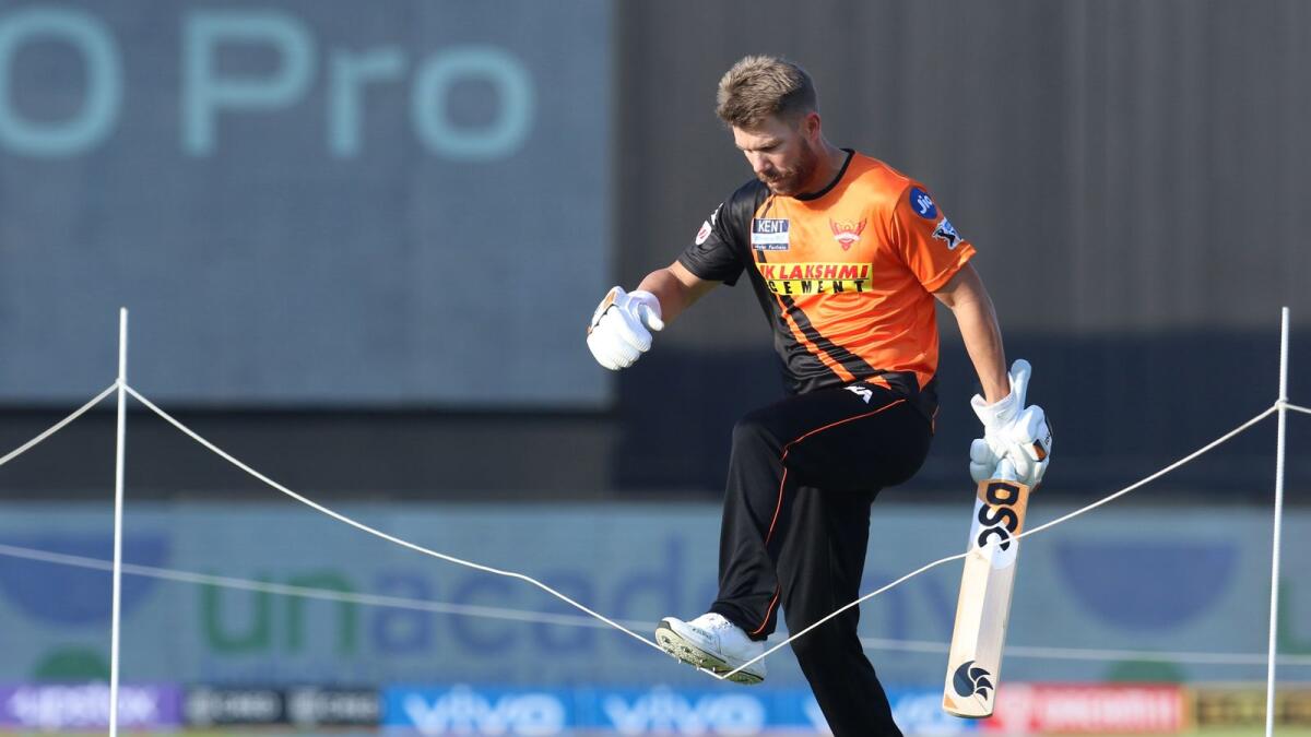David Warner of Sunrisers Hyderabad before the start of the match against Punjab Kings. (BCCI)