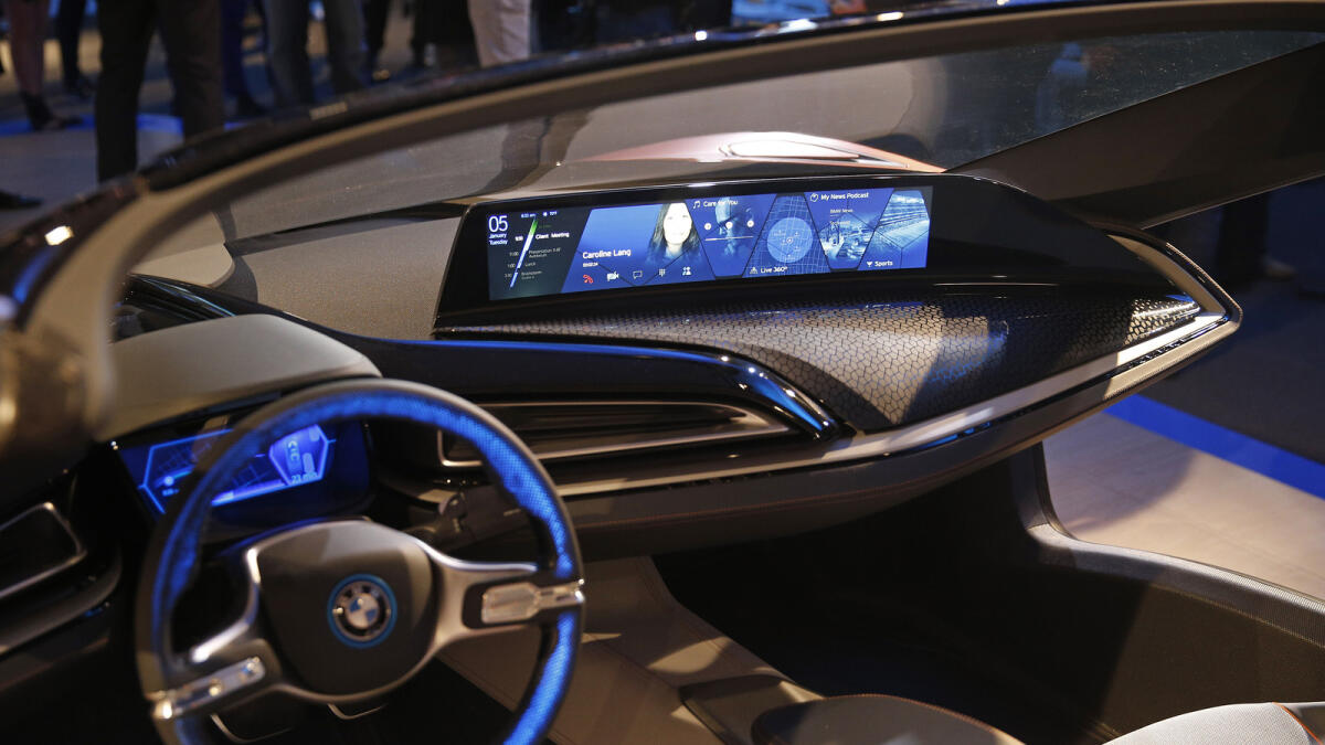The dashboard of  the BMW i Vision Future Interaction concept car is on display during a news conference at CES Press Day at CES International, in Las Vegas.