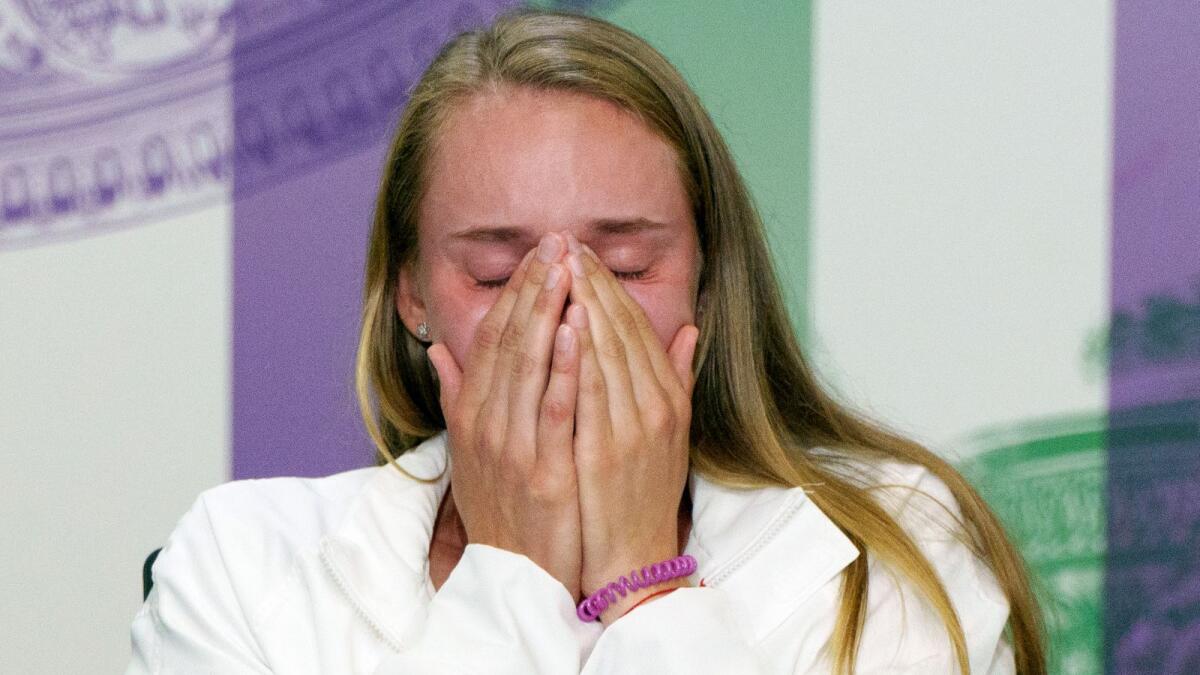 Elena Rybakina cries during her post-match press conference at Wimbledon. (AFP)