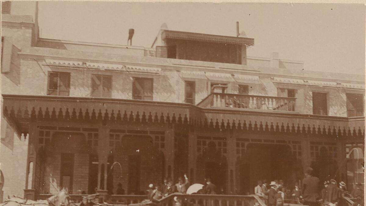 Exterior of the Mena House in Giza, Egypt, 1898. Currently, the luxury hotel is under the management of Marriott International