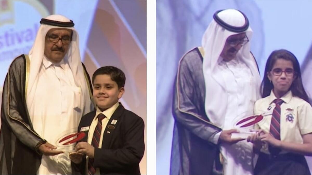 Sheikh Hamdan presents awards for distinguished academic performance to Mir Faraz (left) and Mishal Faraz (right). — Supplied photos