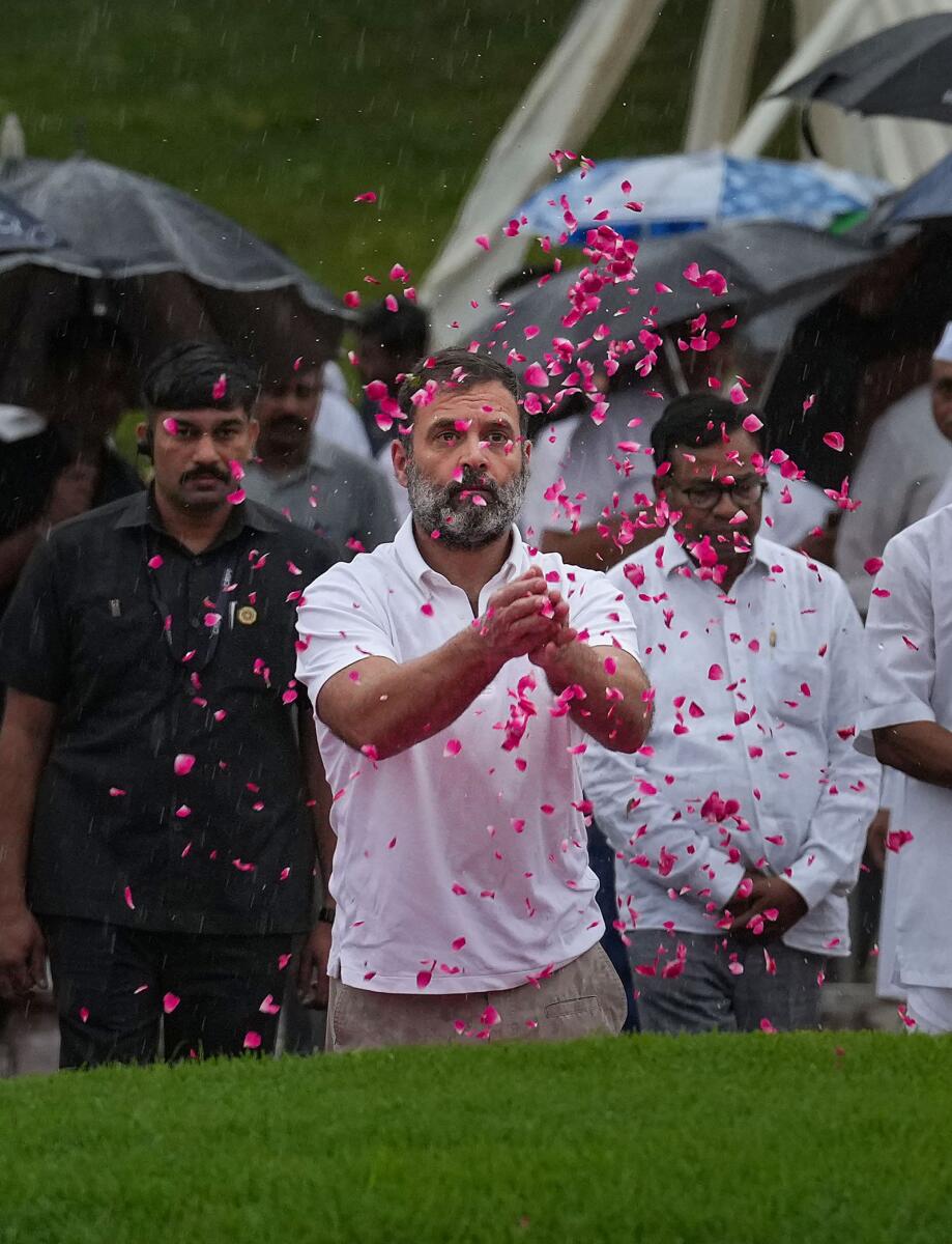 Congress leader Rahul Gandhi pays tribute to India's first prime minister Jawaharlal Nehru on his death anniversary at Shanti Van in New Delhi on Saturday. Photo: PTI
