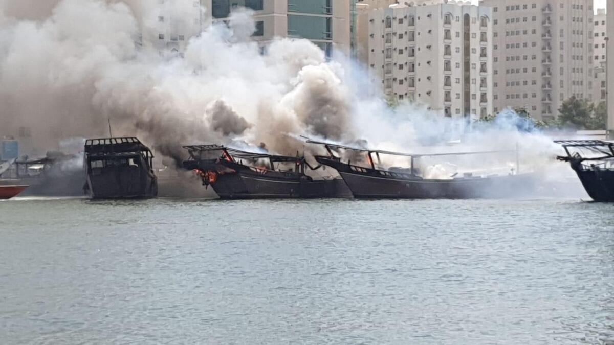 Fishing boats, fire, Sharjah creek, civil defence, Sharjah