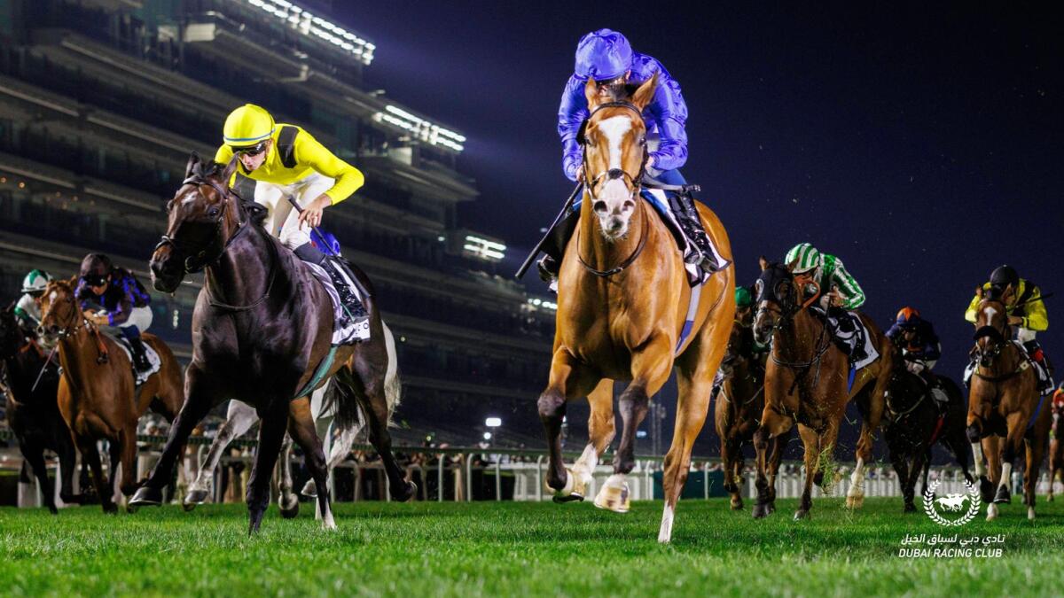 Mischief Magic  (C) and William Buidk hold off Yonafisand Ben Coen to win theListed Dubai Sprint/.. - Photo by DRC